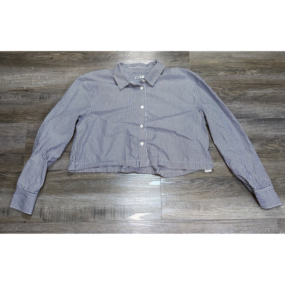 Zara Blue White Striped Cropped Button-Down Shirt Womens Small Classic Collar